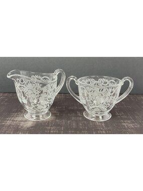 VTG 1940s Fostoria Romance Crystal Creamer Sugar Bowl Set Floral & Ribbon Etched